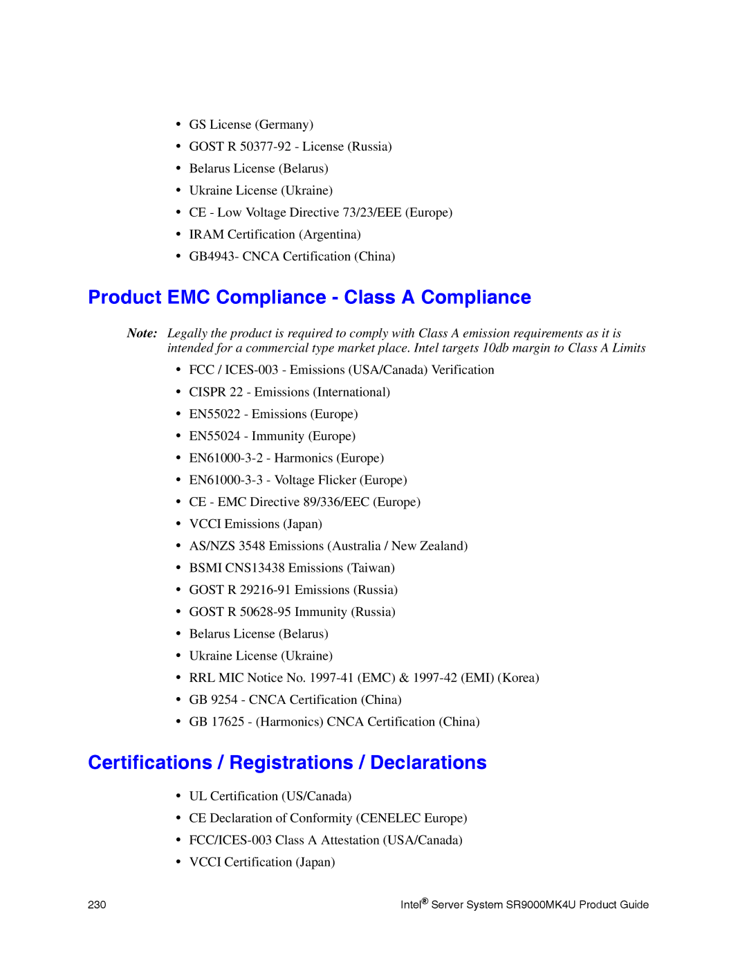 Intel SR9000MK4U manual Product EMC Compliance Class a Compliance, Certifications / Registrations / Declarations 