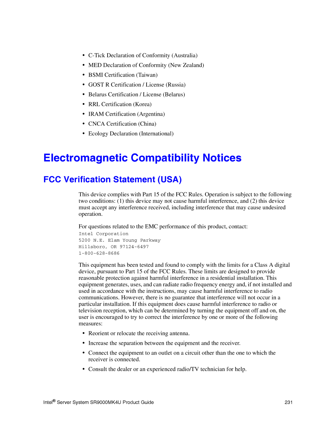 Intel SR9000MK4U manual Electromagnetic Compatibility Notices, FCC Verification Statement USA 