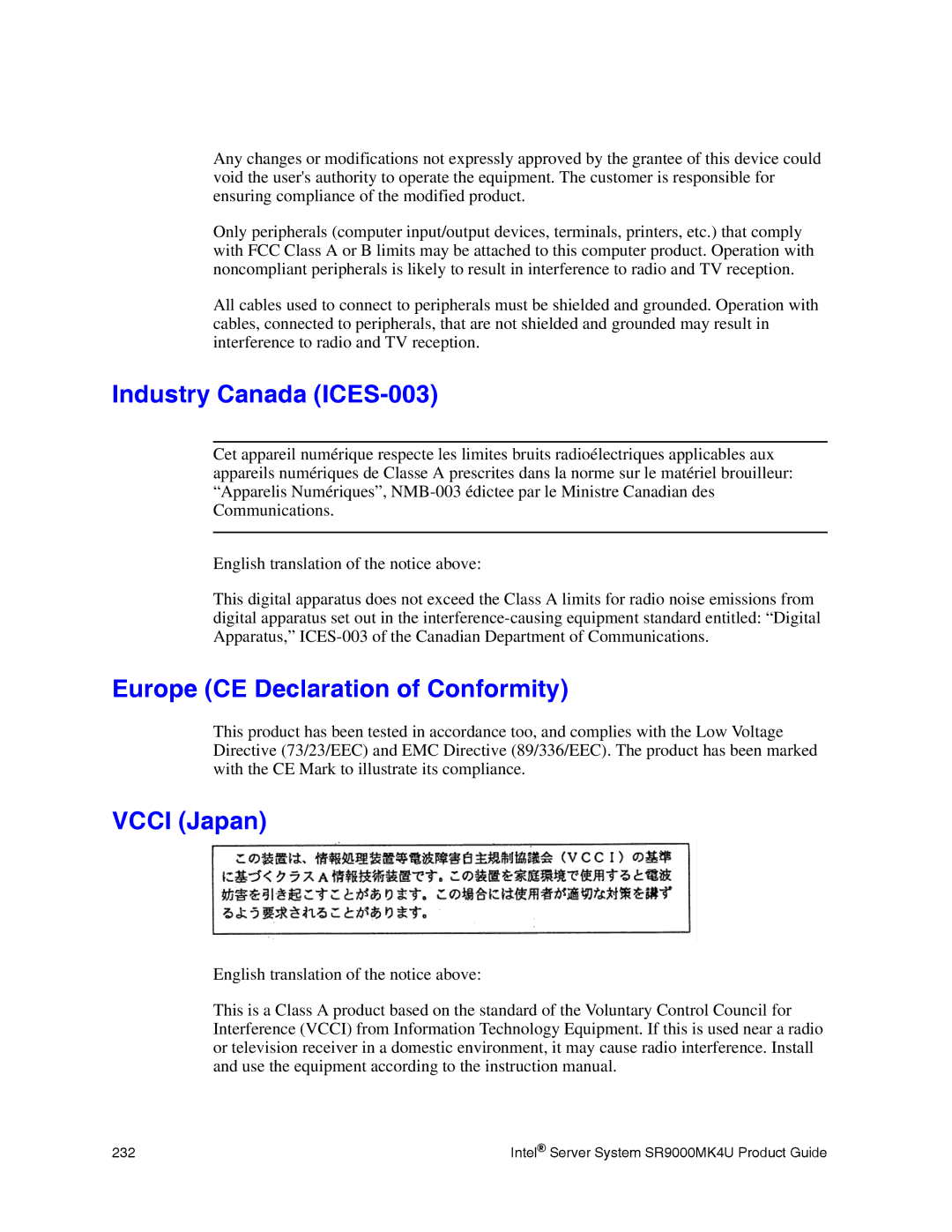 Intel SR9000MK4U manual Industry Canada ICES-003, Europe CE Declaration of Conformity, Vcci Japan 