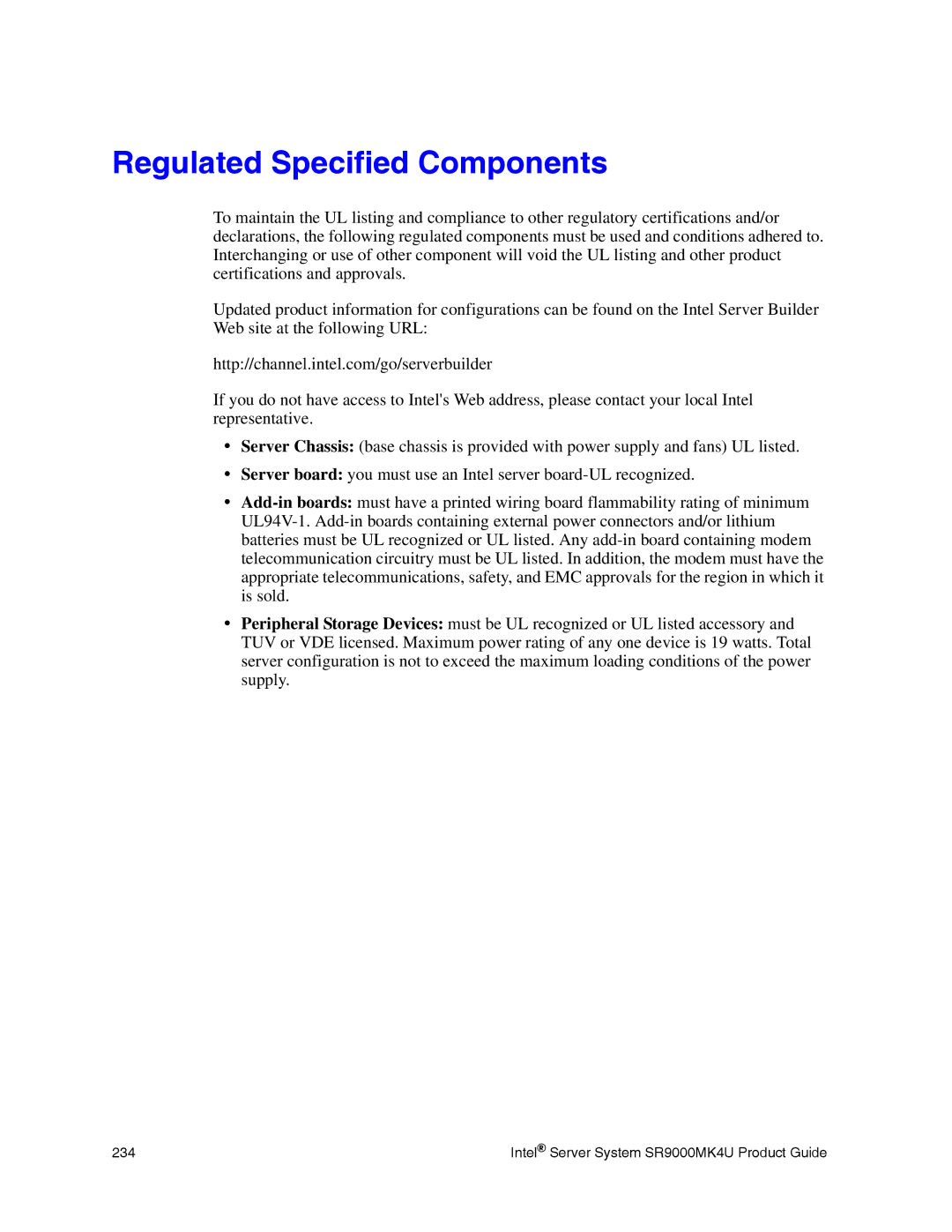 Intel SR9000MK4U manual Regulated Specified Components 