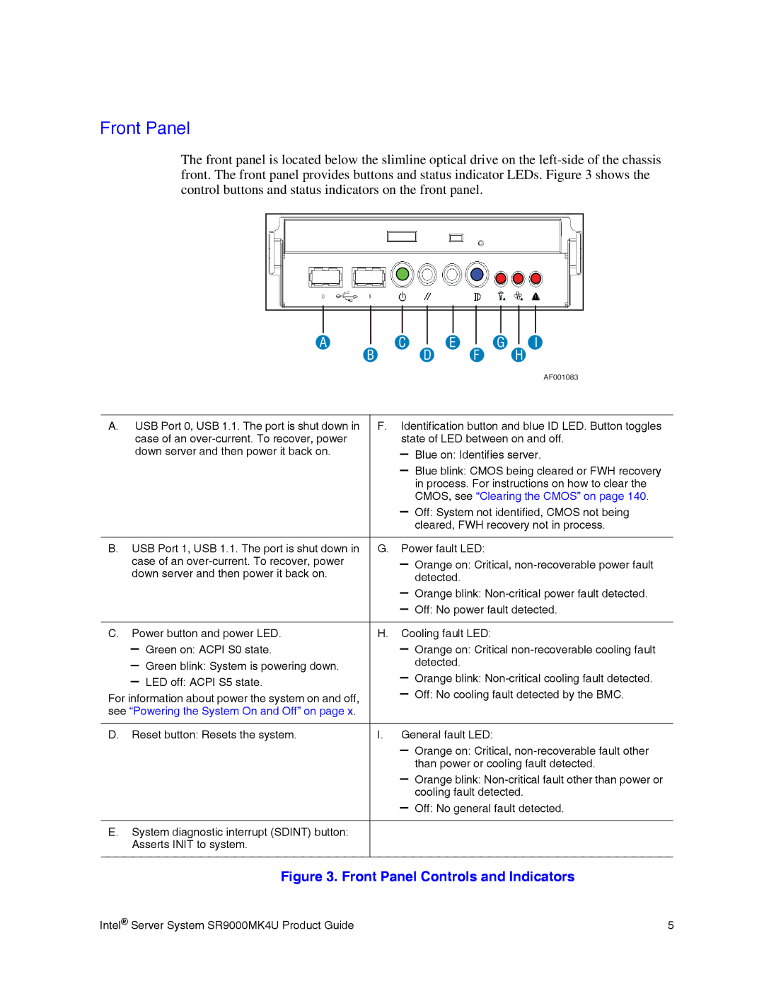 Intel SR9000MK4U manual Front Panel Controls and Indicators 