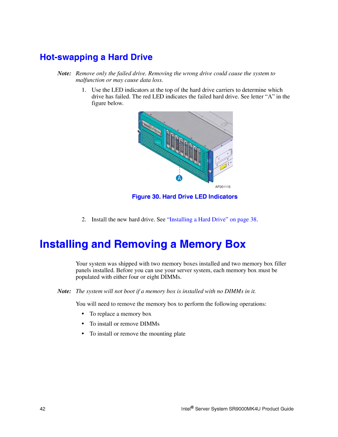 Intel SR9000MK4U manual Installing and Removing a Memory Box, Hot-swapping a Hard Drive 