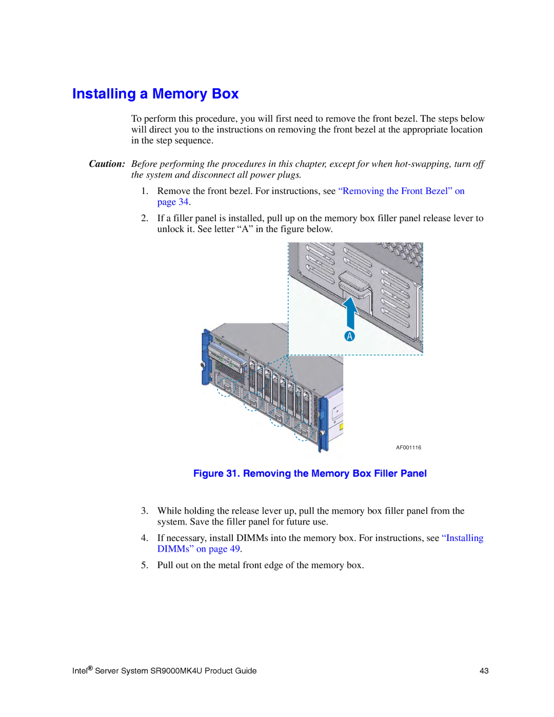 Intel SR9000MK4U manual Installing a Memory Box, Removing the Memory Box Filler Panel 