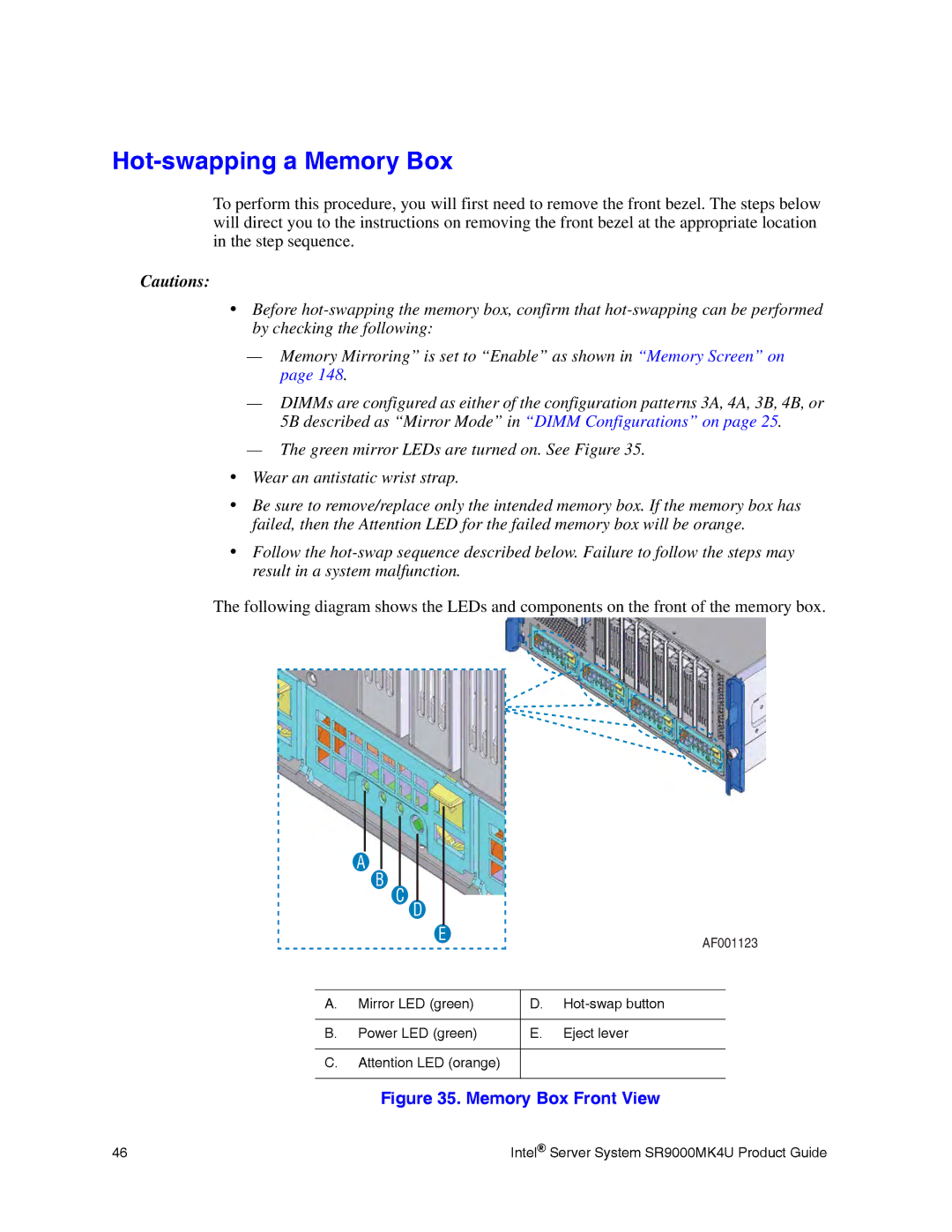 Intel SR9000MK4U manual Hot-swapping a Memory Box, Memory Box Front View 