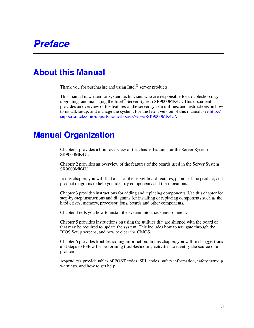 Intel SR9000MK4U manual About this Manual, Manual Organization 