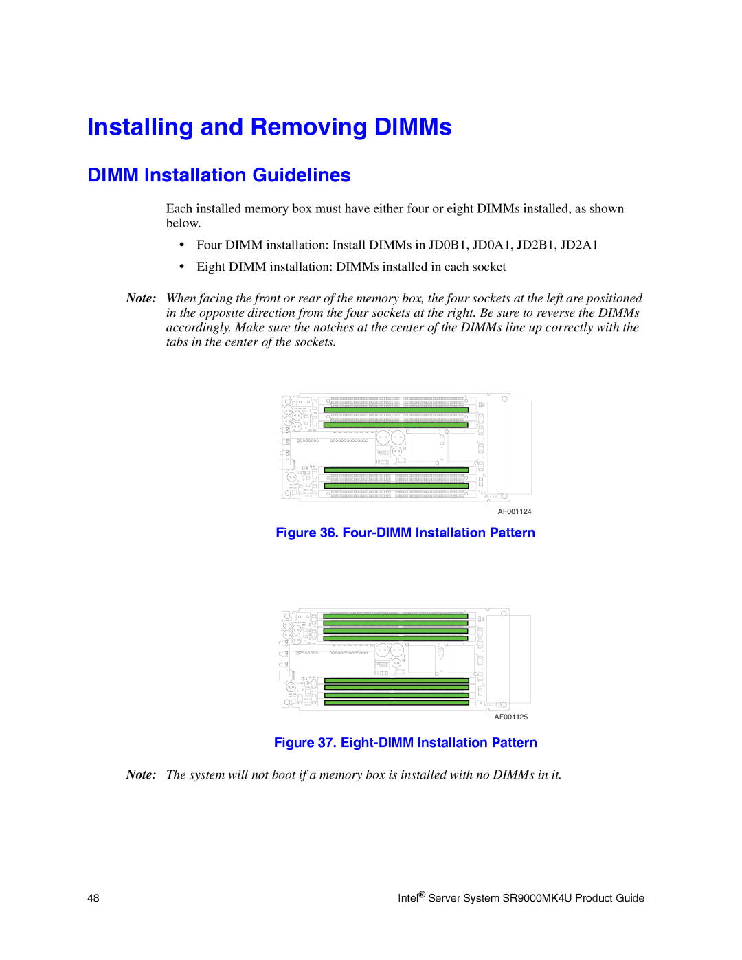 Intel SR9000MK4U manual Installing and Removing DIMMs, Dimm Installation Guidelines 