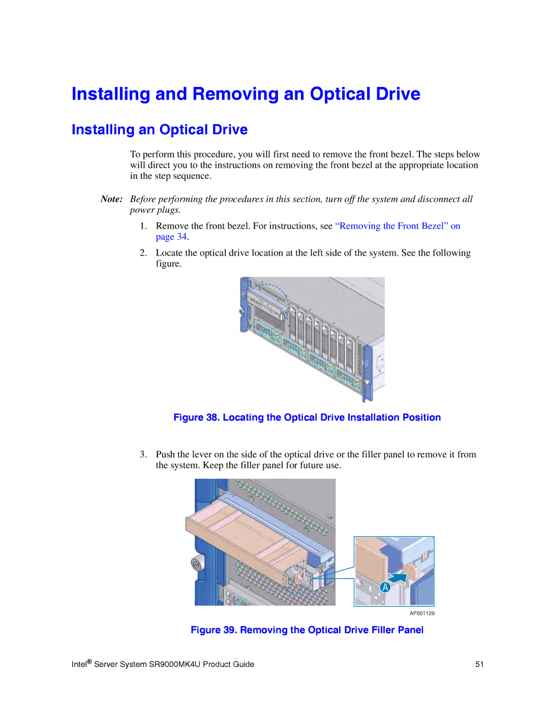 Intel SR9000MK4U manual Installing and Removing an Optical Drive, Installing an Optical Drive 