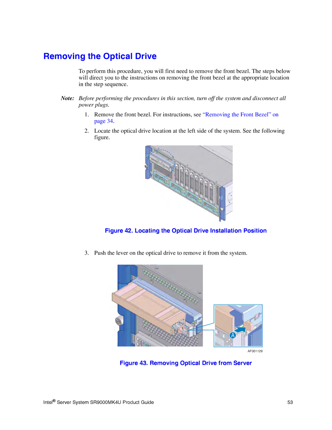 Intel SR9000MK4U manual Removing the Optical Drive, Removing Optical Drive from Server 