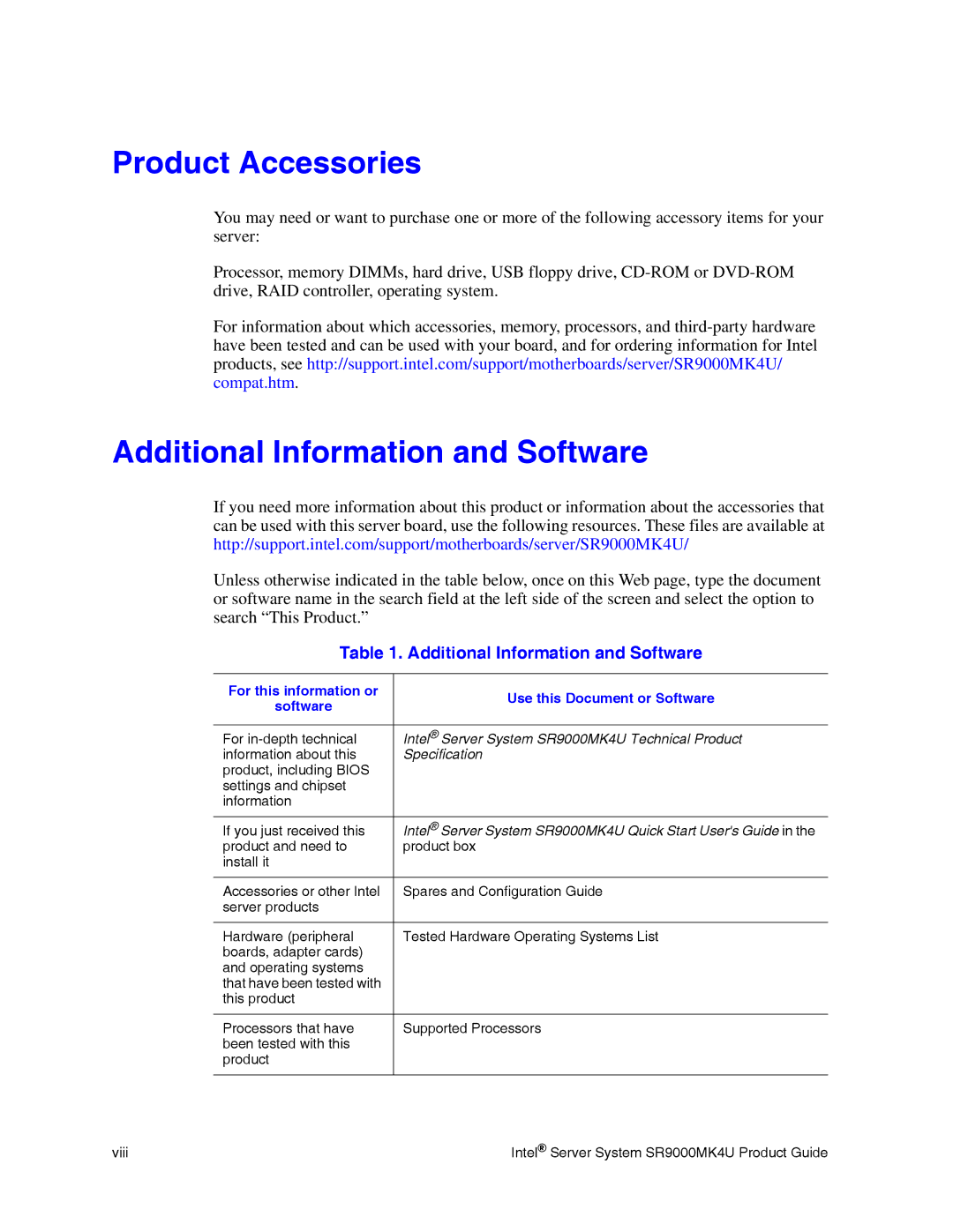 Intel SR9000MK4U manual Product Accessories, Additional Information and Software 