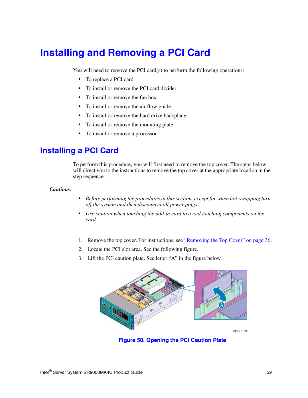 Intel SR9000MK4U manual Installing and Removing a PCI Card, Installing a PCI Card 