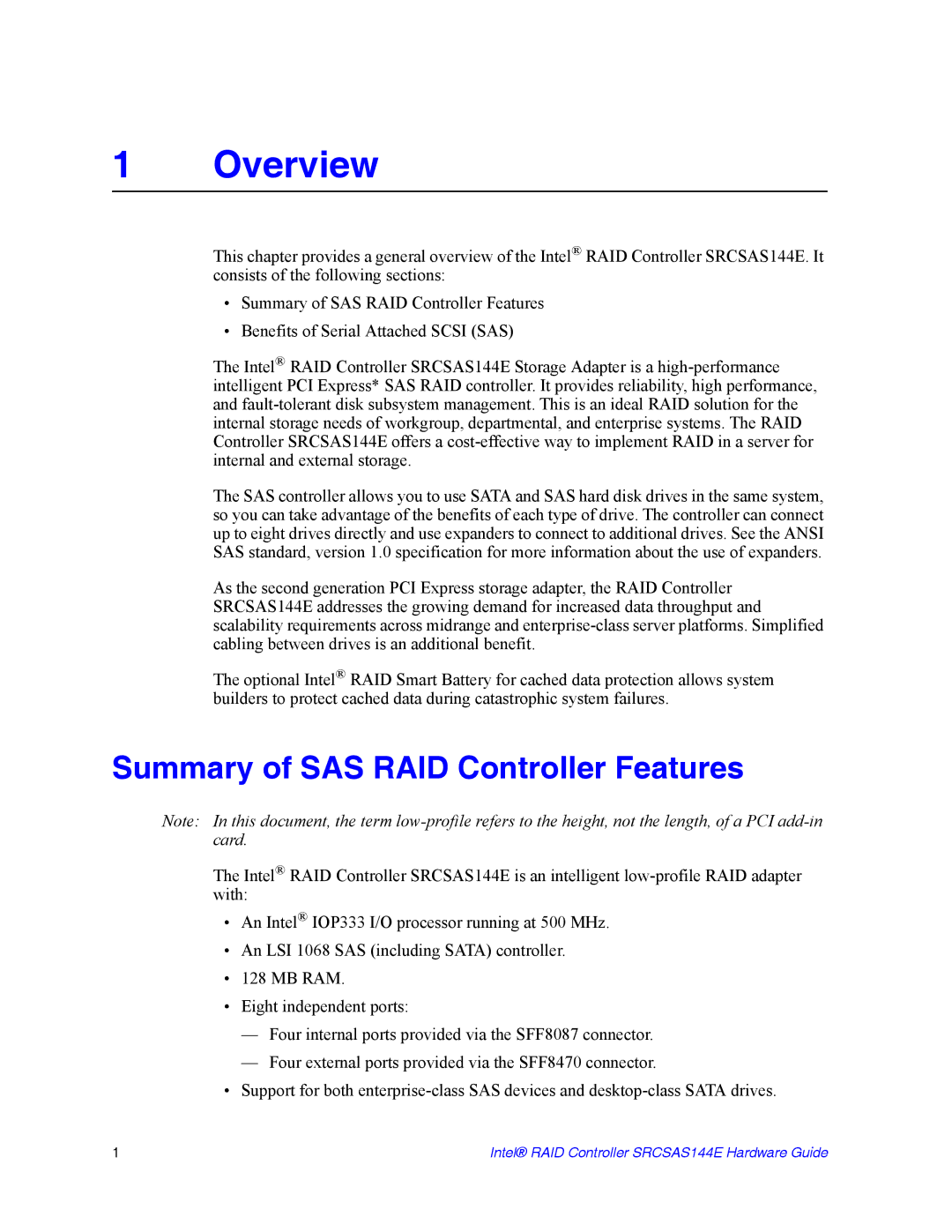 Intel srcsas144e manual Overview, Summary of SAS RAID Controller Features 