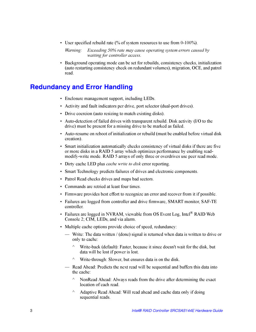 Intel srcsas144e manual Redundancy and Error Handling 