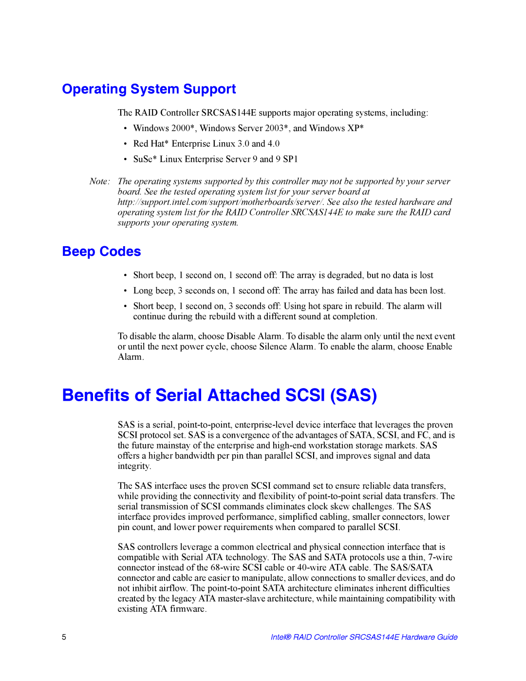 Intel srcsas144e manual Benefits of Serial Attached Scsi SAS, Operating System Support, Beep Codes 