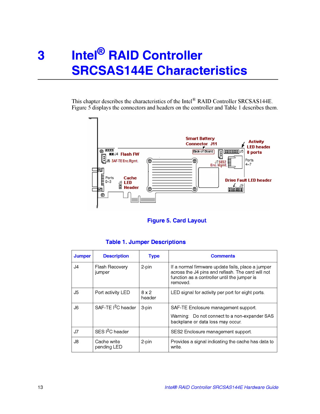 Intel srcsas144e manual Intel RAID Controller SRCSAS144E Characteristics, Jumper Description Type Comments 