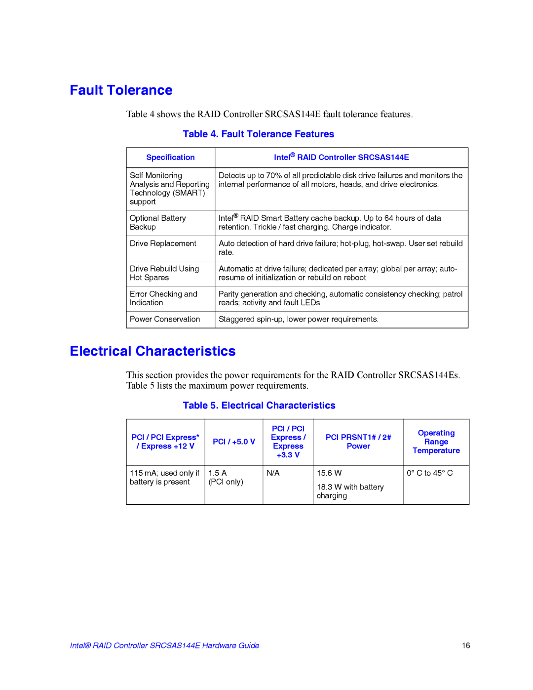 Intel srcsas144e manual Fault Tolerance, Electrical Characteristics 