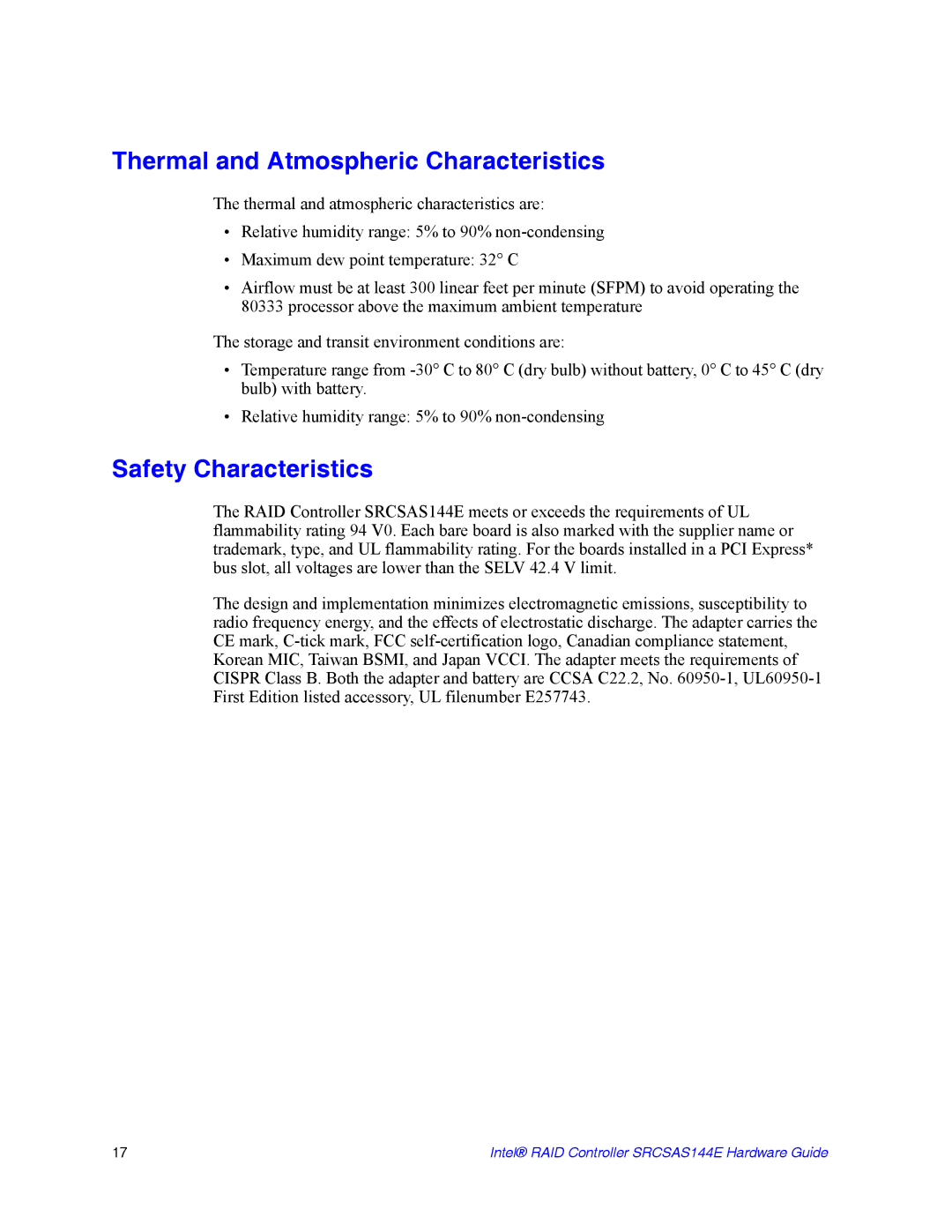 Intel srcsas144e manual Thermal and Atmospheric Characteristics, Safety Characteristics 