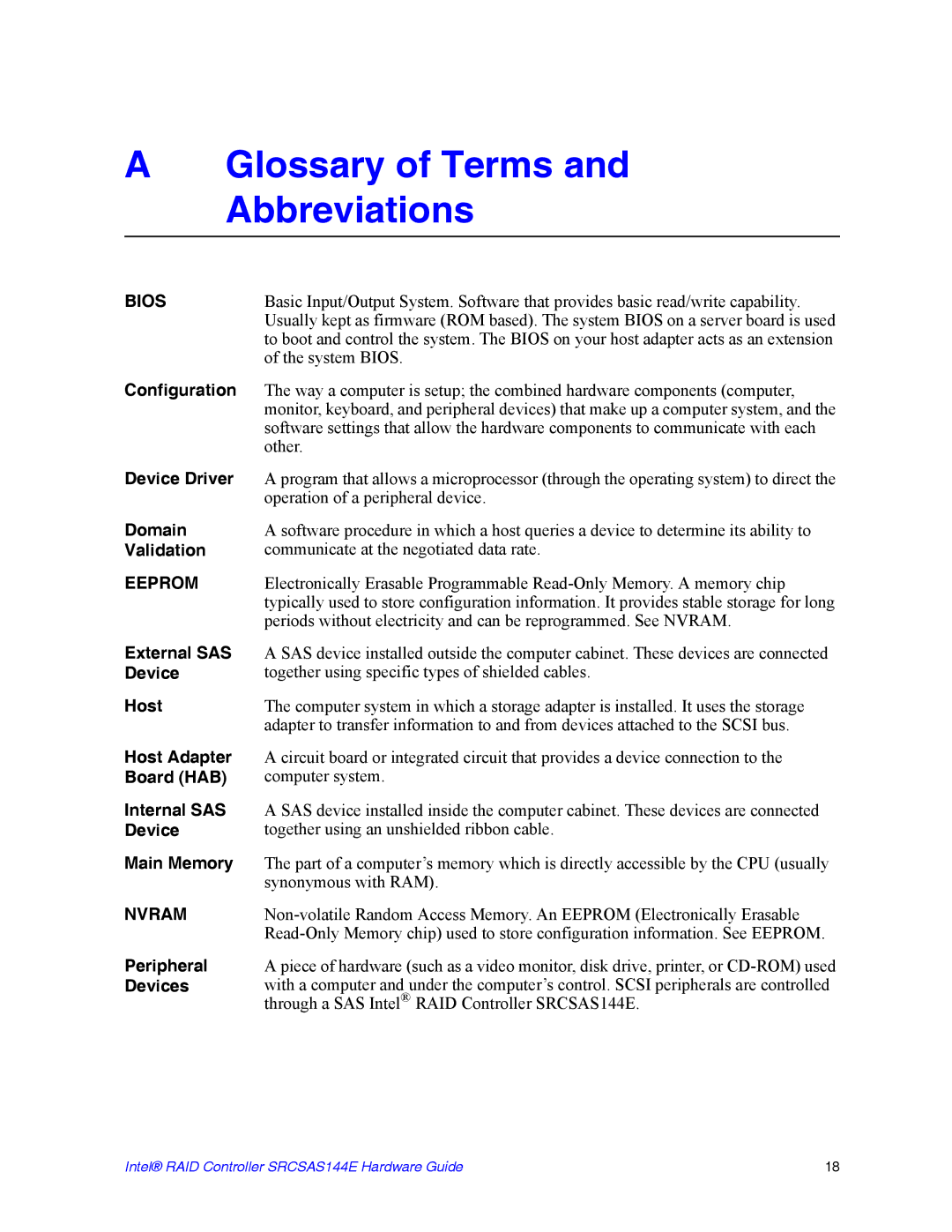 Intel srcsas144e manual Glossary of Terms and Abbreviations, Bios 