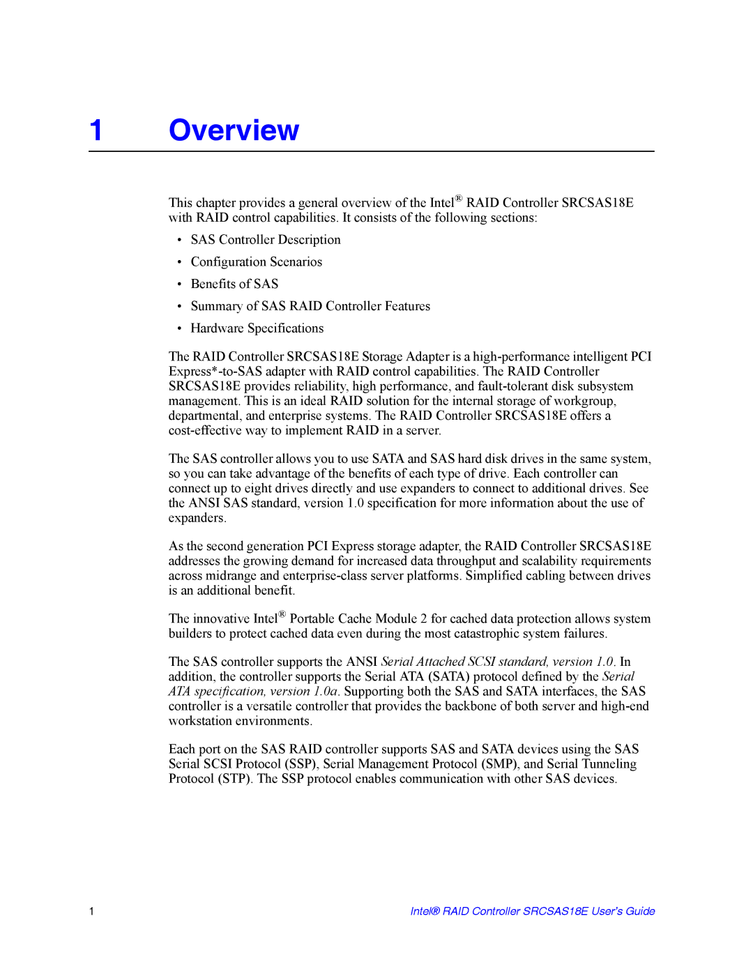 Intel SRCSAS18E manual Overview 
