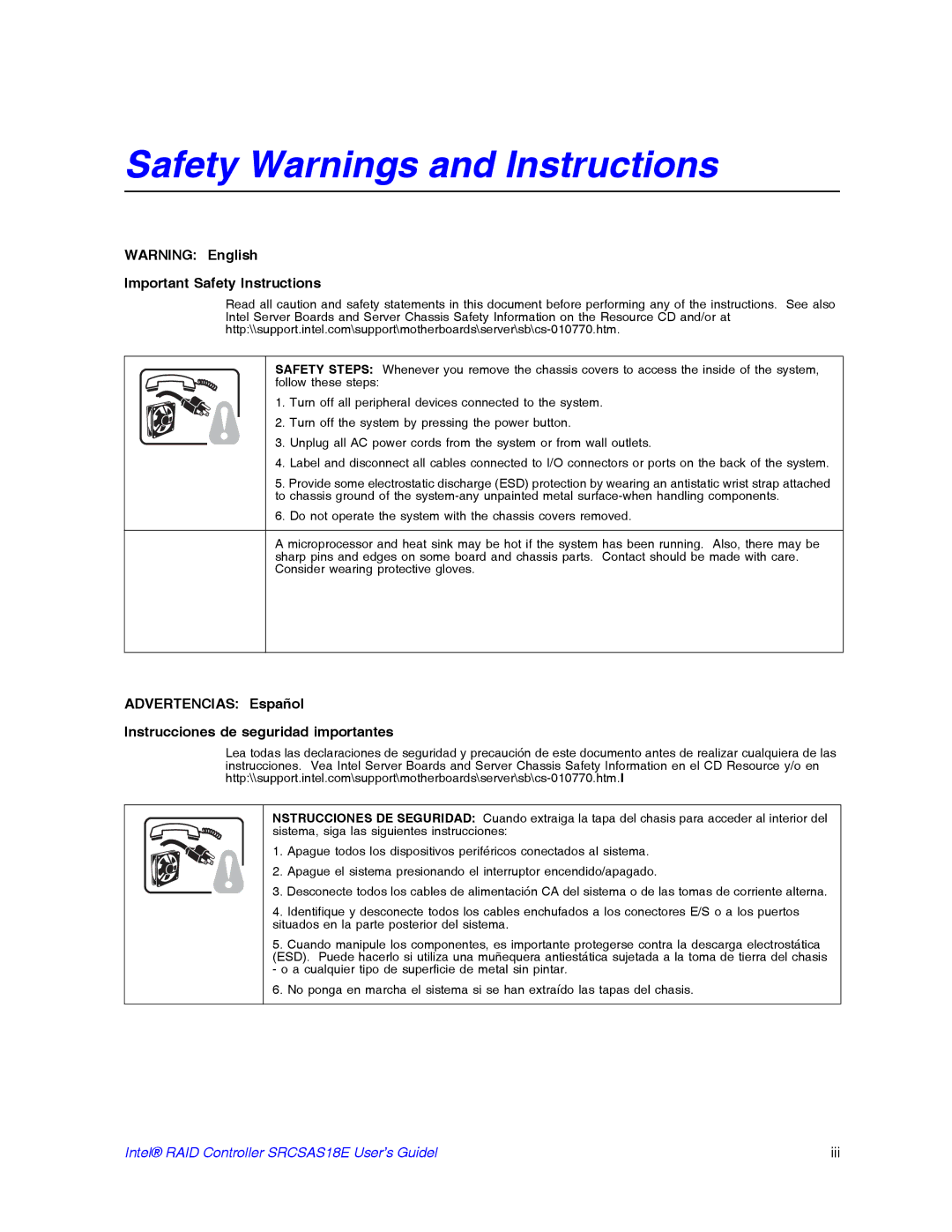 Intel SRCSAS18E manual Safety Warnings and Instructions 