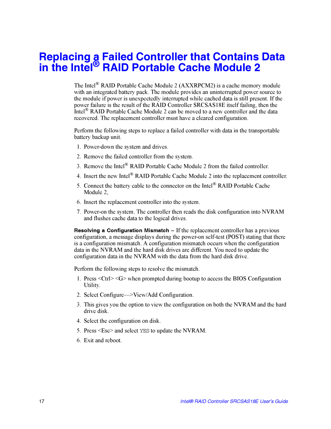 Intel manual Intel RAID Controller SRCSAS18E User’s Guide 