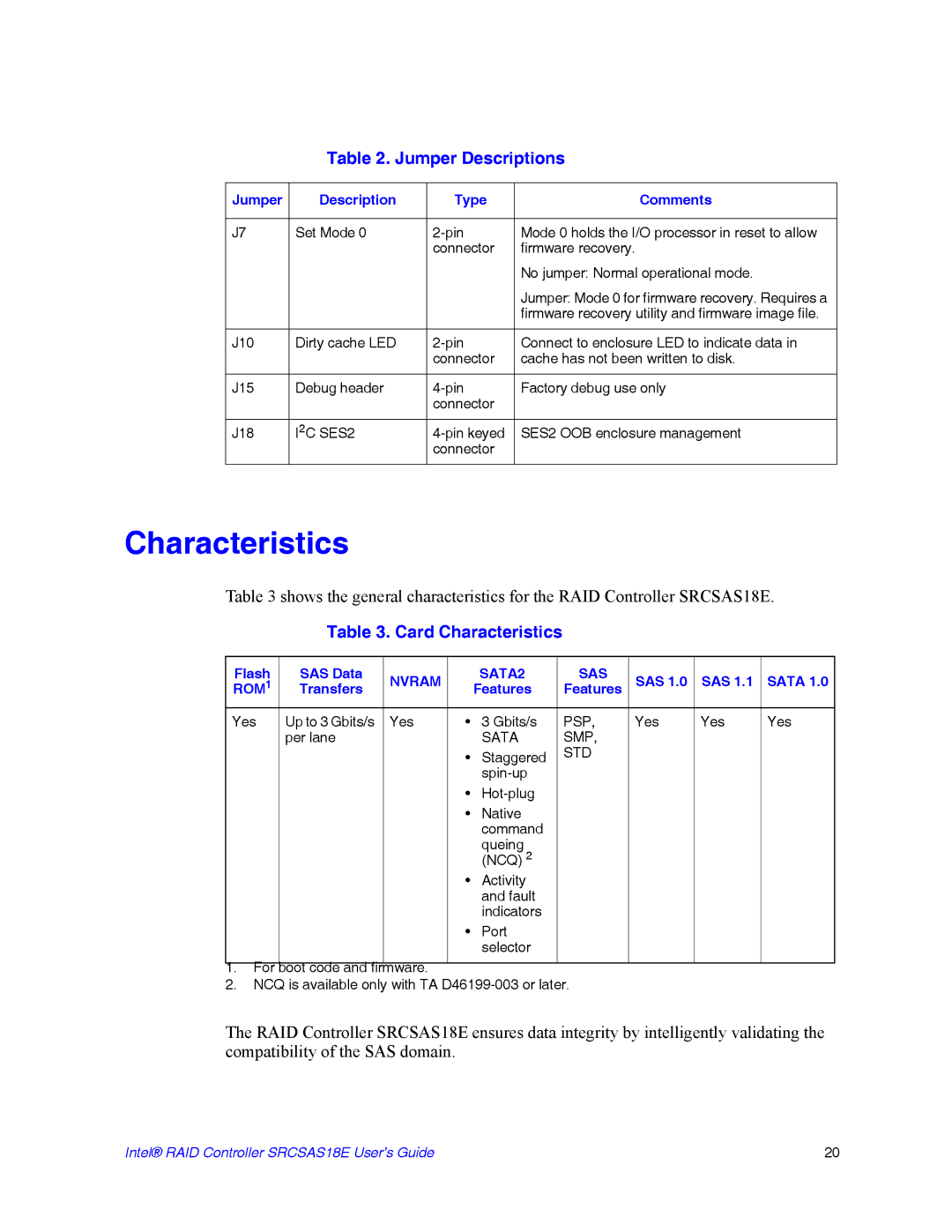 Intel SRCSAS18E manual Card Characteristics 