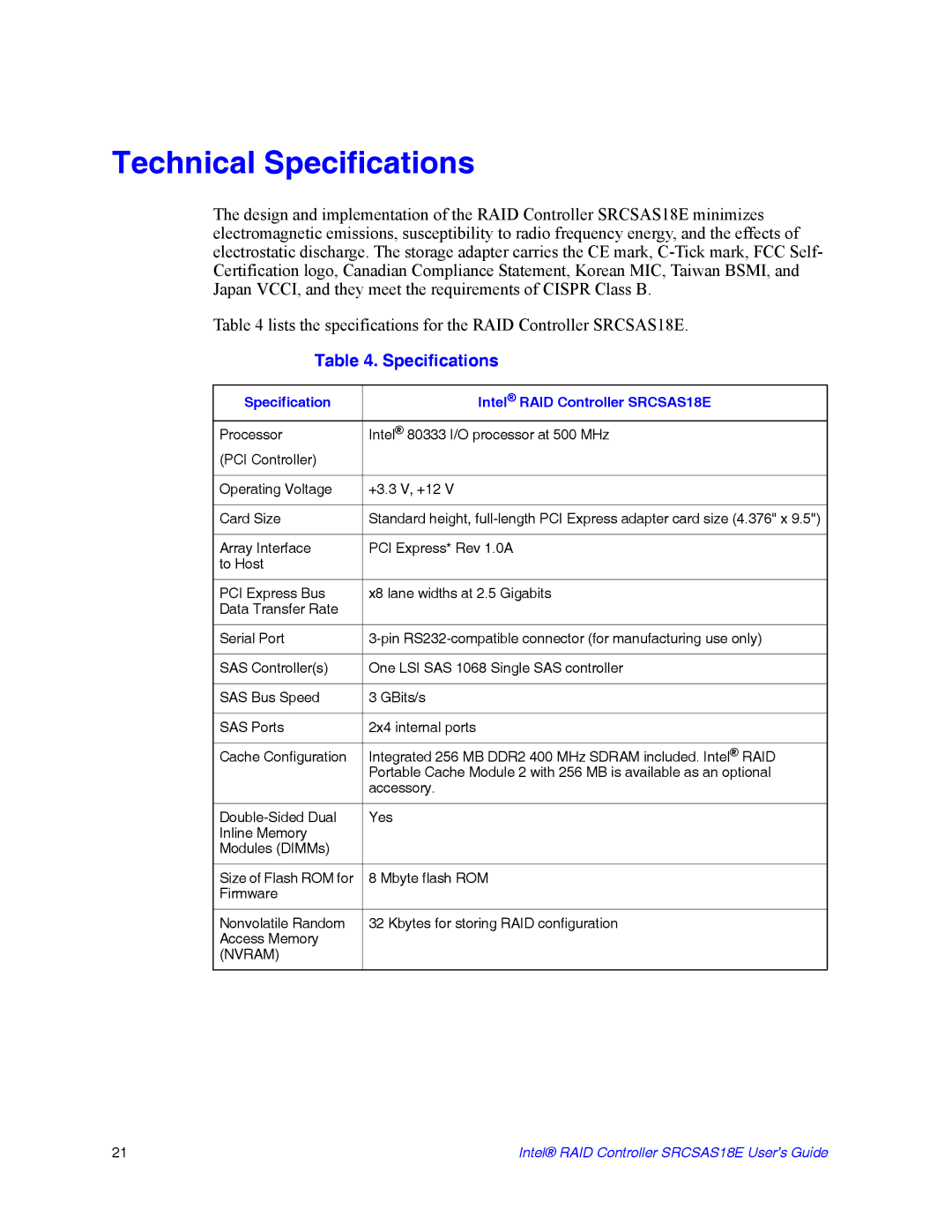 Intel SRCSAS18E manual Technical Specifications 