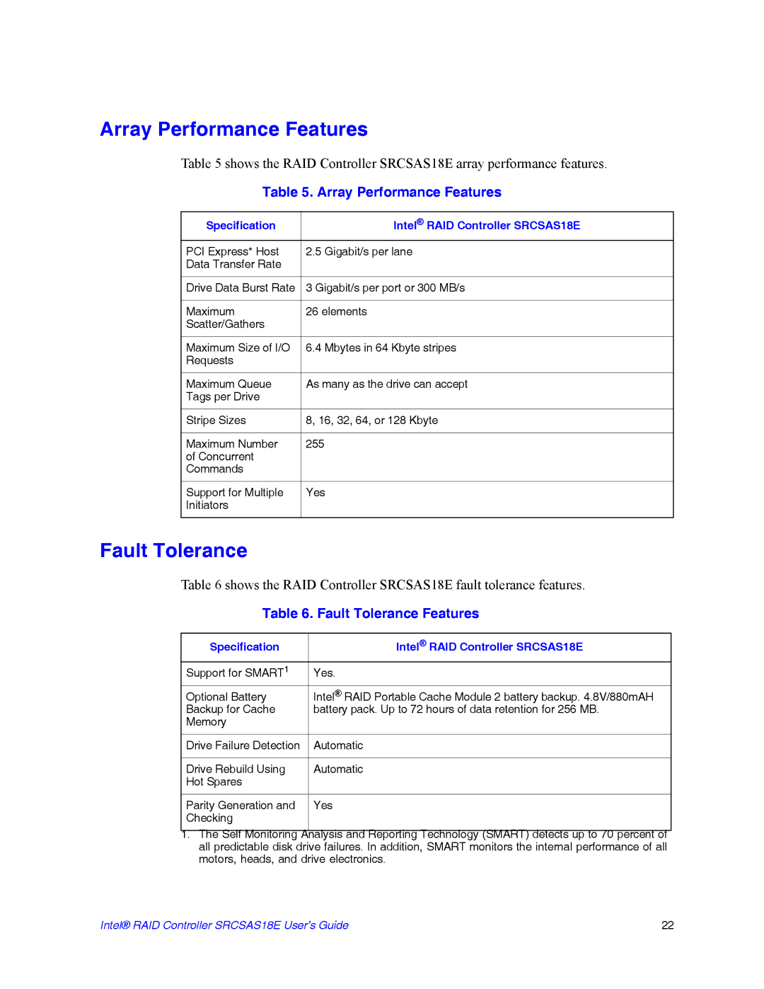 Intel SRCSAS18E manual Array Performance Features, Fault Tolerance 