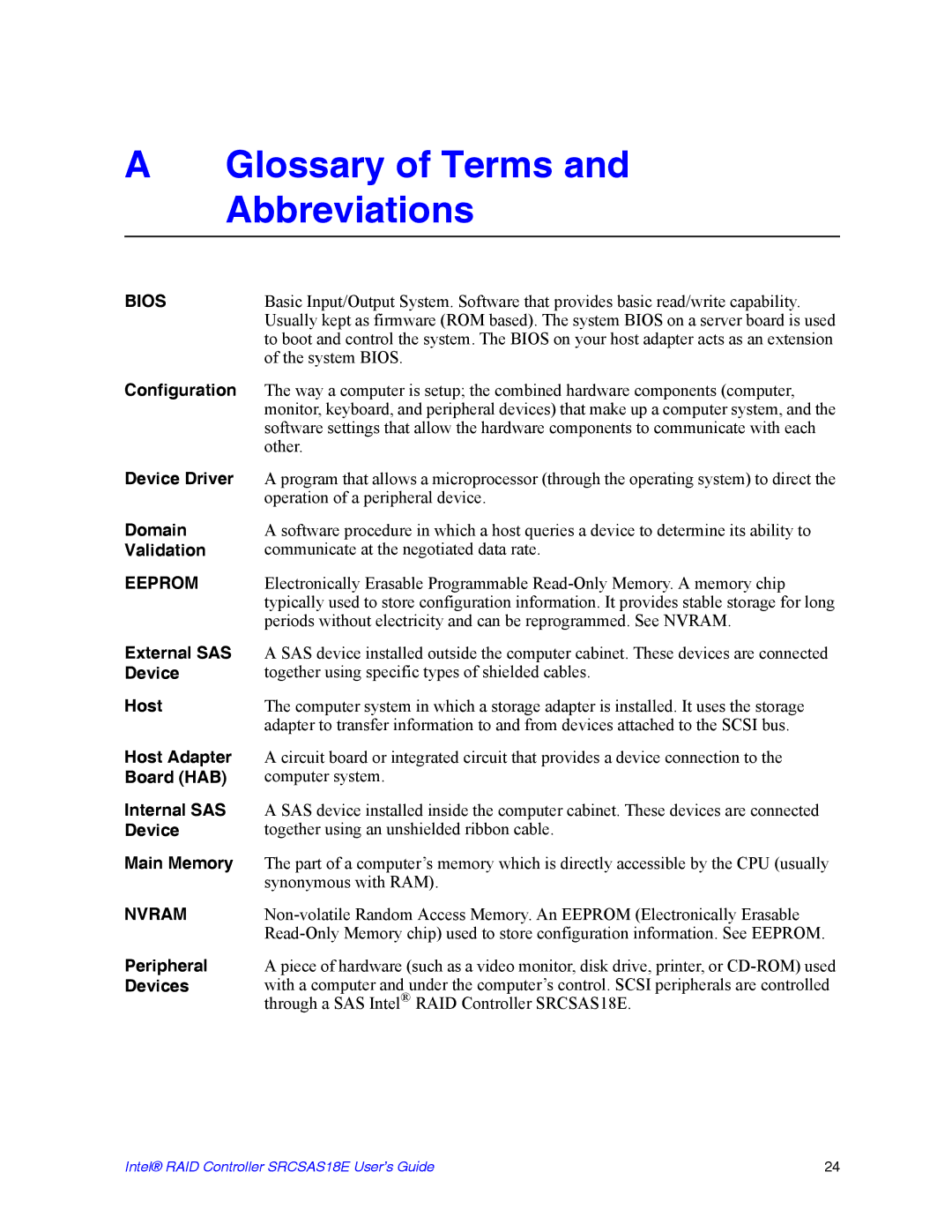 Intel SRCSAS18E manual Glossary of Terms and Abbreviations, Bios 