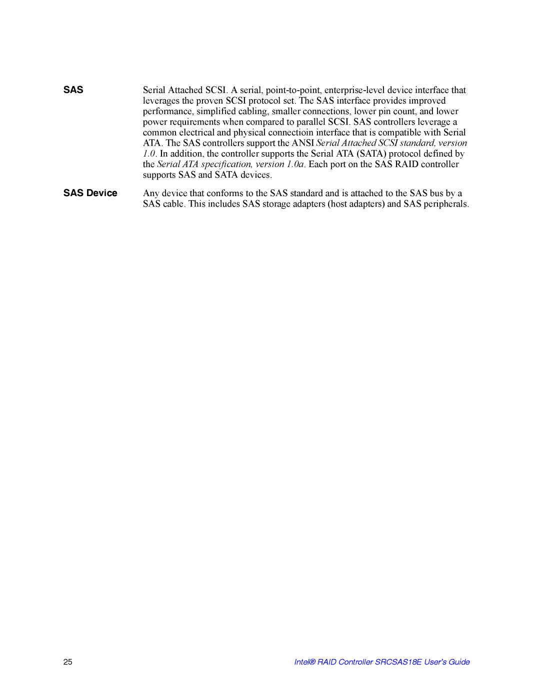 Intel SRCSAS18E manual Sas 