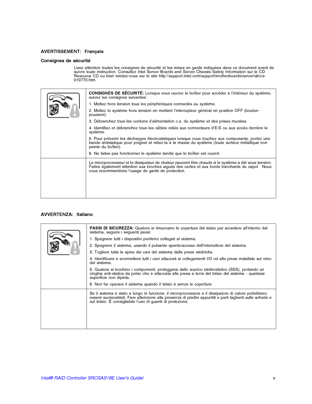 Intel SRCSAS18E manual Avertissement Français Consignes de sécurité 