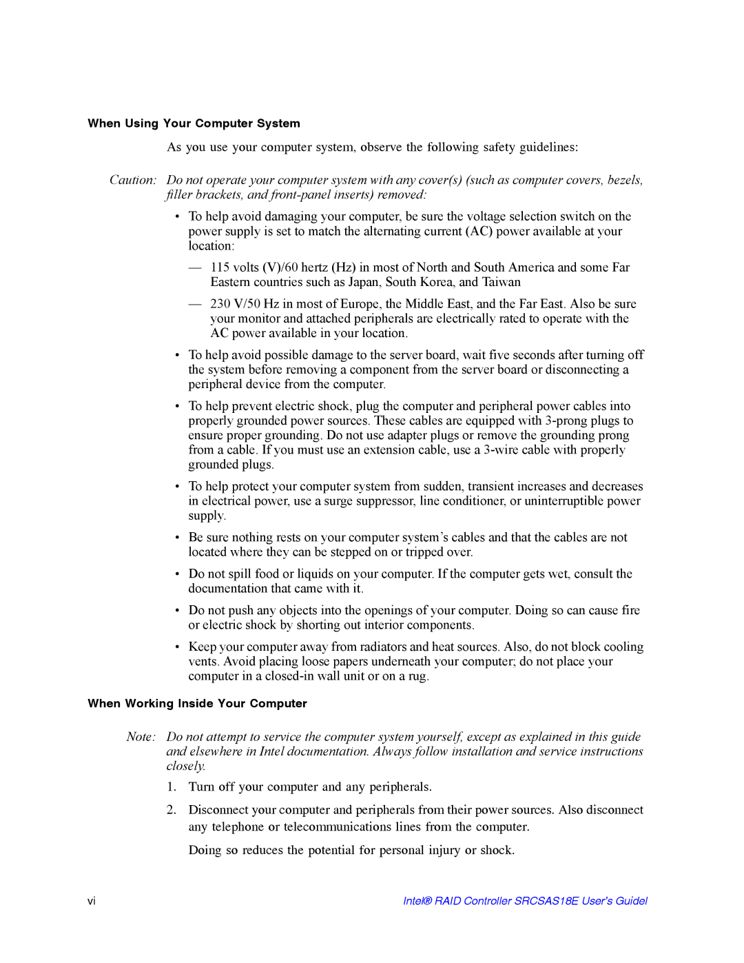 Intel SRCSAS18E manual When Using Your Computer System 