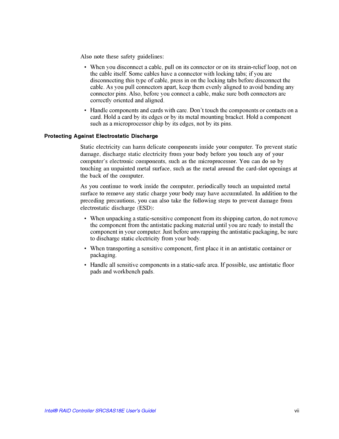 Intel SRCSAS18E manual Protecting Against Electrostatic Discharge 