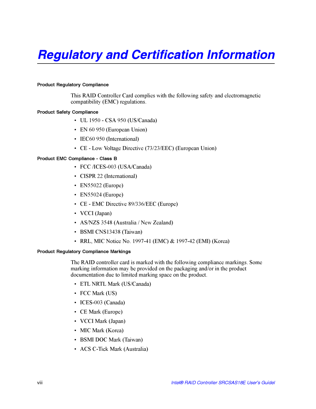 Intel SRCSAS18E manual Regulatory and Certification Information 