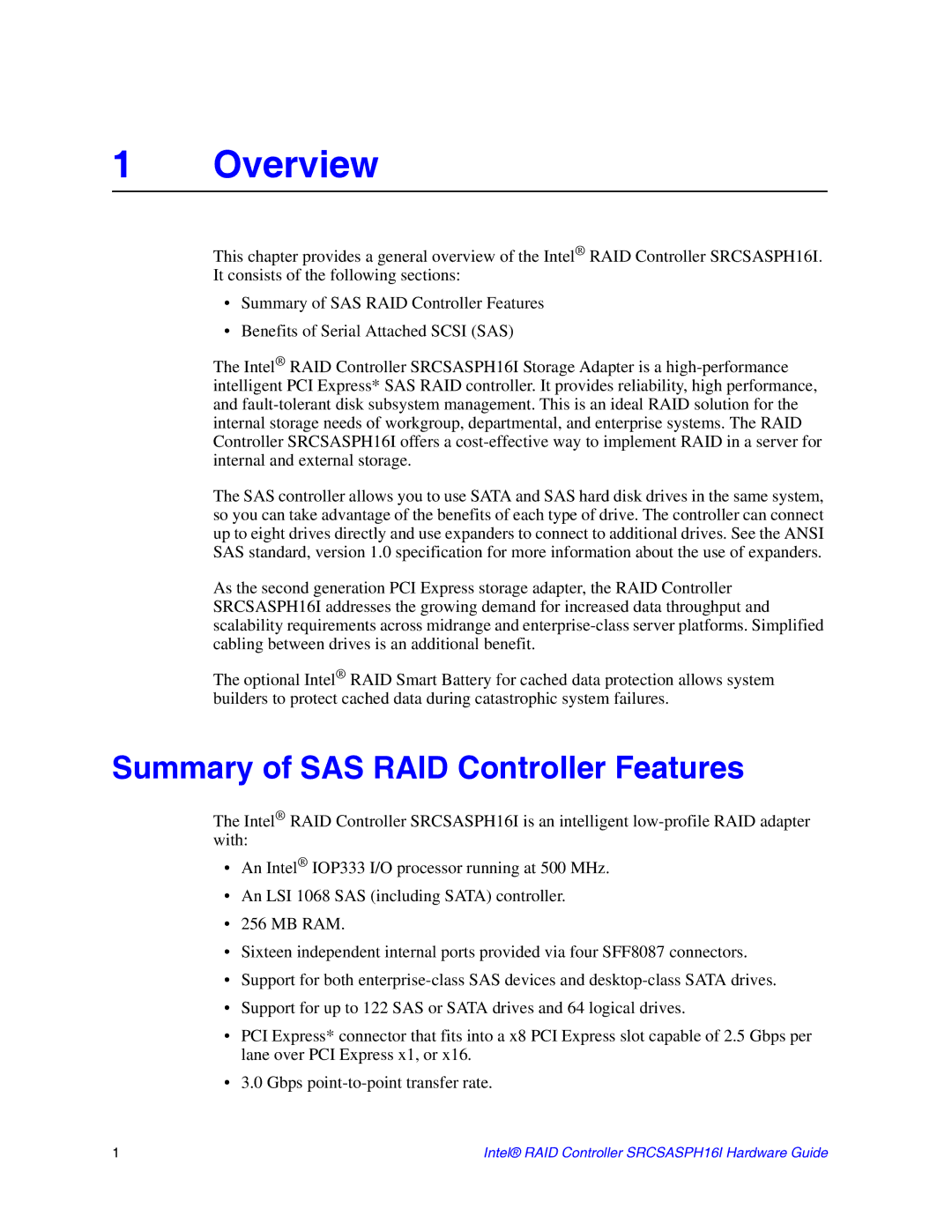 Intel SRCSASPH16I manual Overview, Summary of SAS RAID Controller Features 