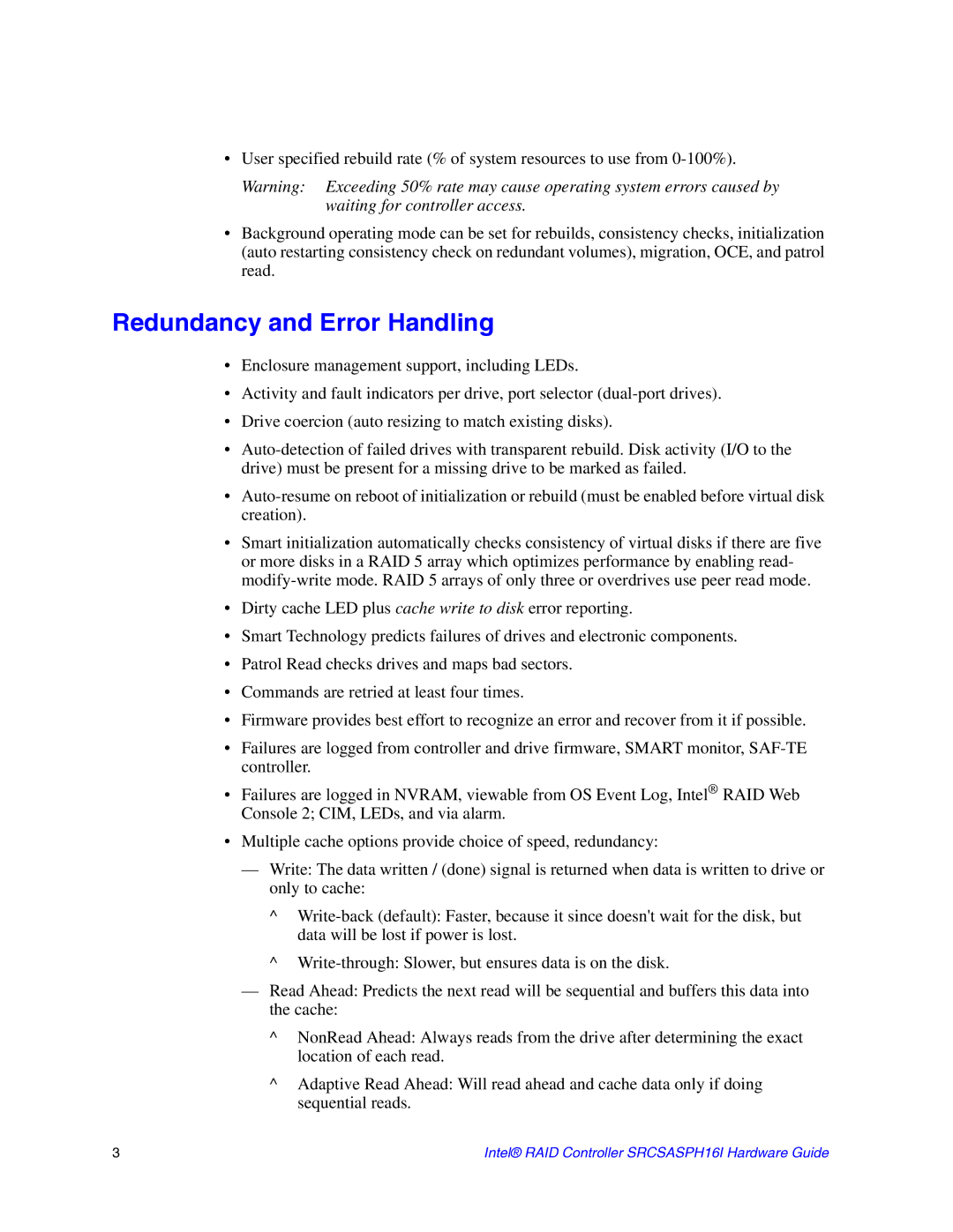 Intel SRCSASPH16I manual Redundancy and Error Handling 