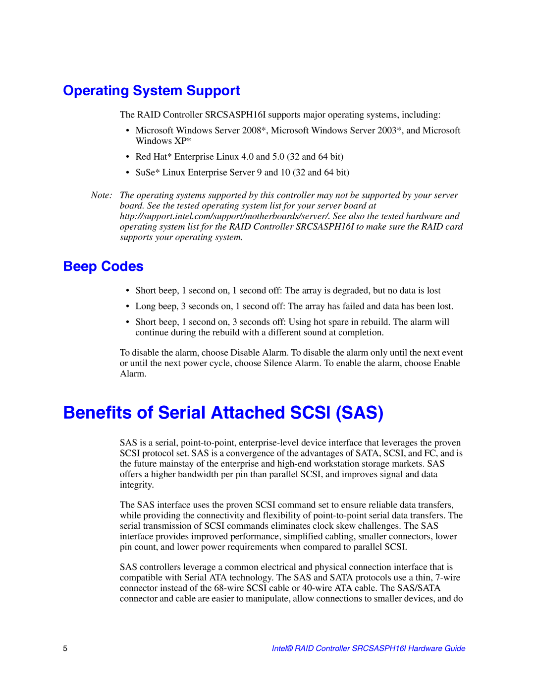 Intel SRCSASPH16I manual Benefits of Serial Attached Scsi SAS, Operating System Support, Beep Codes 