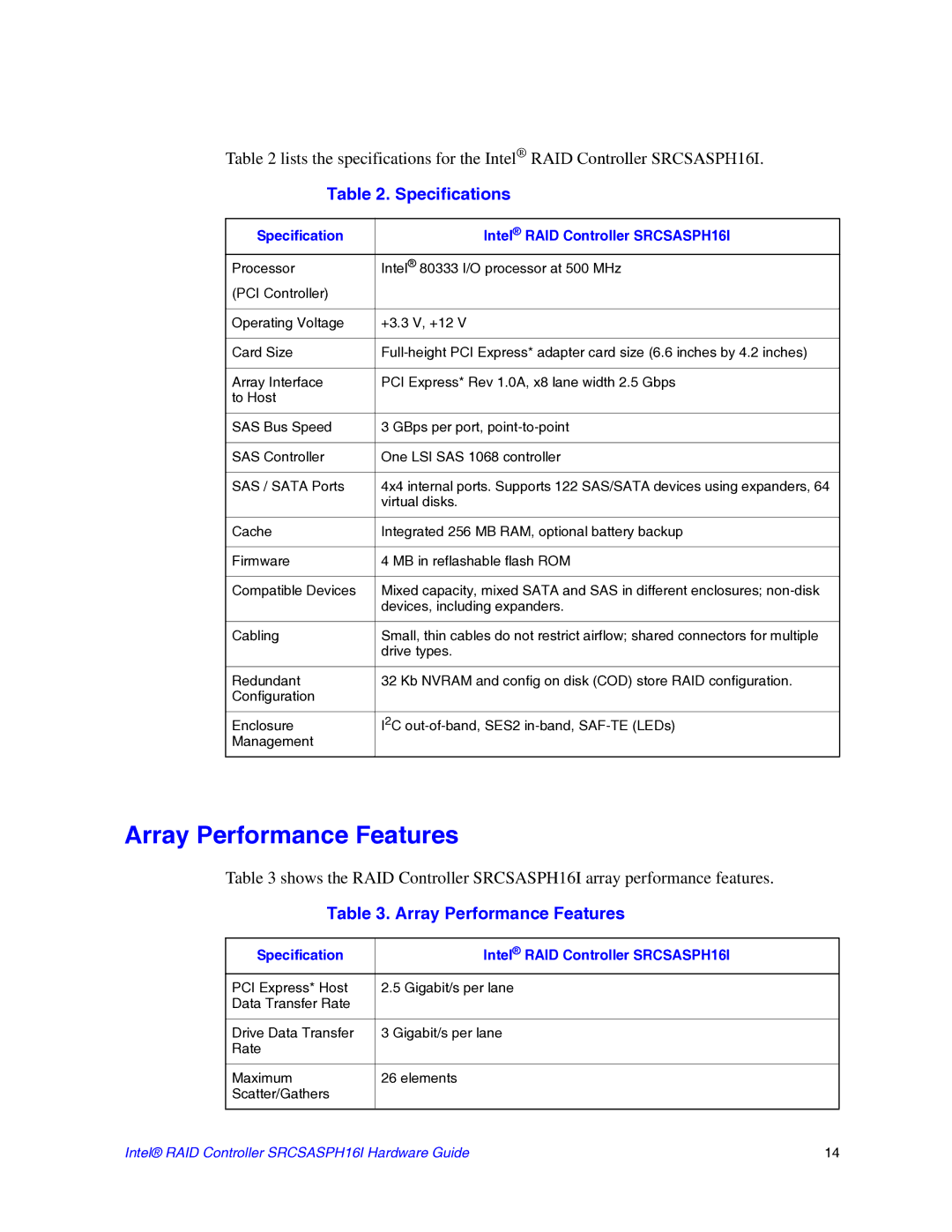 Intel SRCSASPH16I manual Array Performance Features, Specifications 