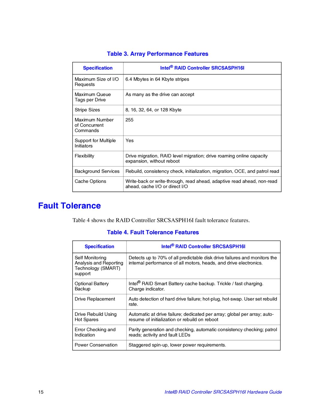 Intel SRCSASPH16I manual Fault Tolerance Features 