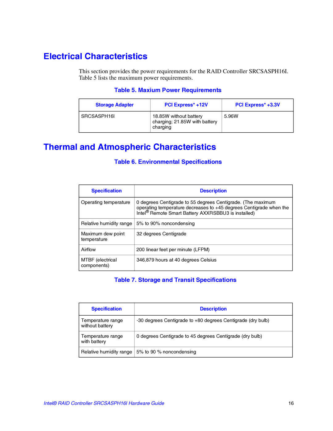 Intel SRCSASPH16I manual Electrical Characteristics, Thermal and Atmospheric Characteristics 