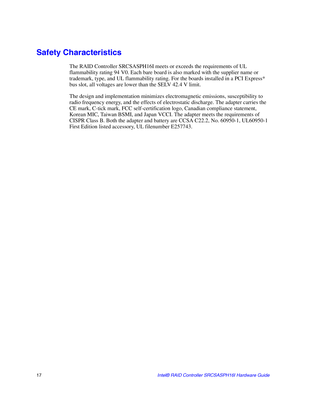 Intel SRCSASPH16I manual Safety Characteristics 