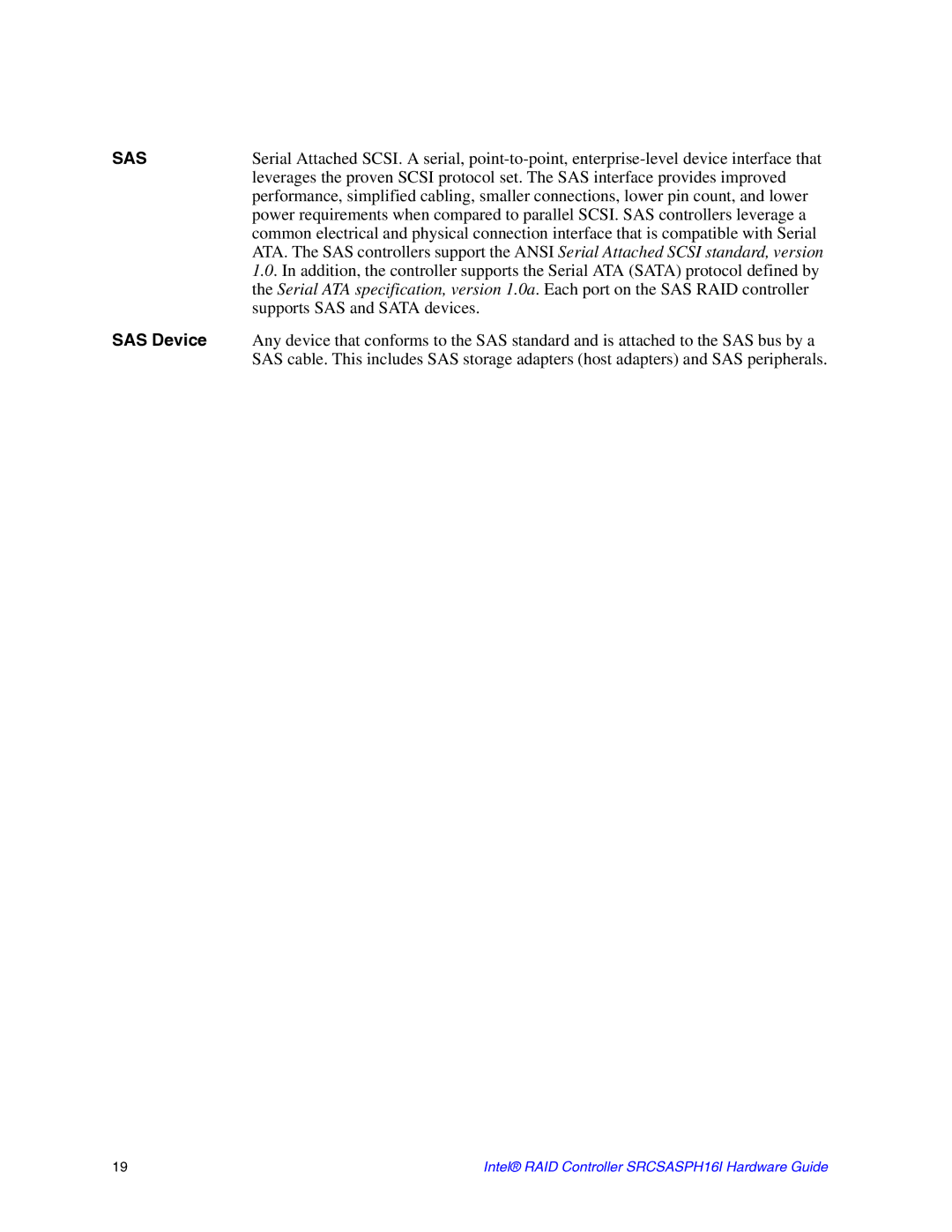 Intel SRCSASPH16I manual Sas 