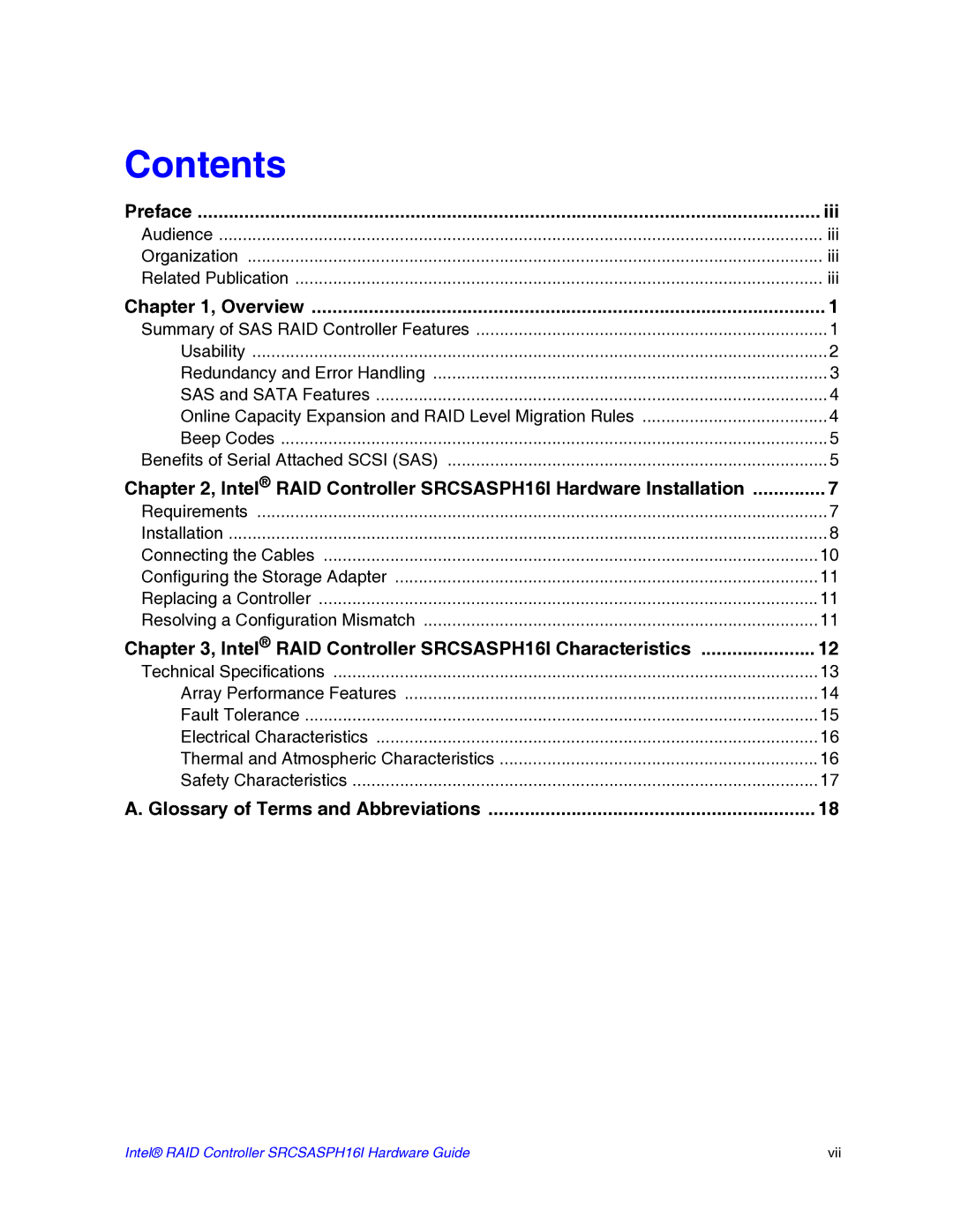 Intel SRCSASPH16I manual Contents 