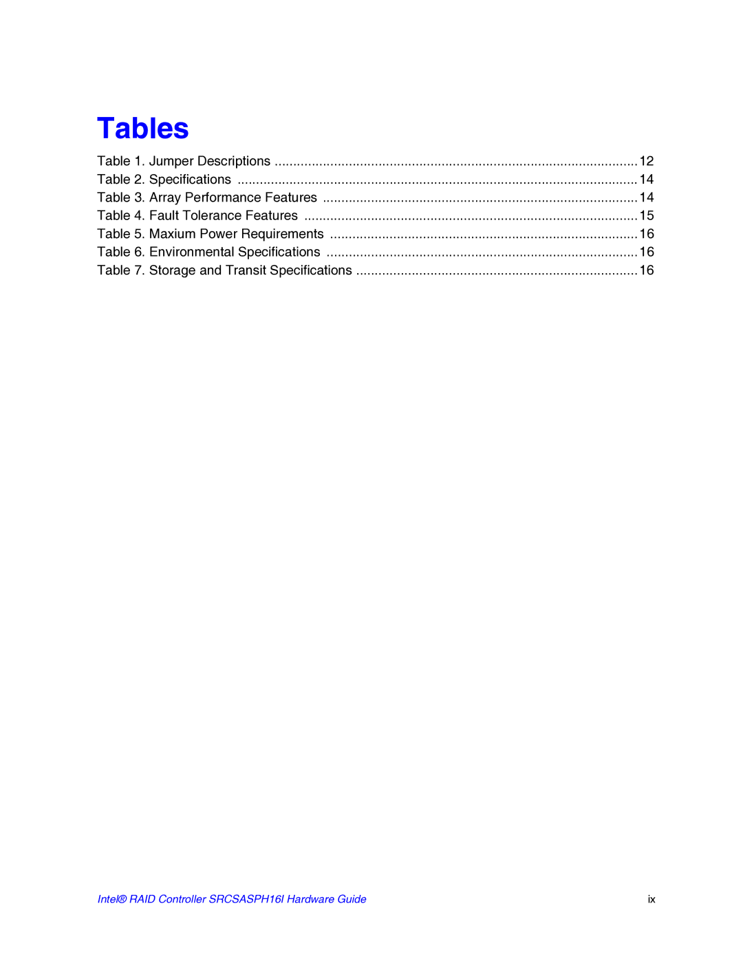 Intel SRCSASPH16I manual Tables 