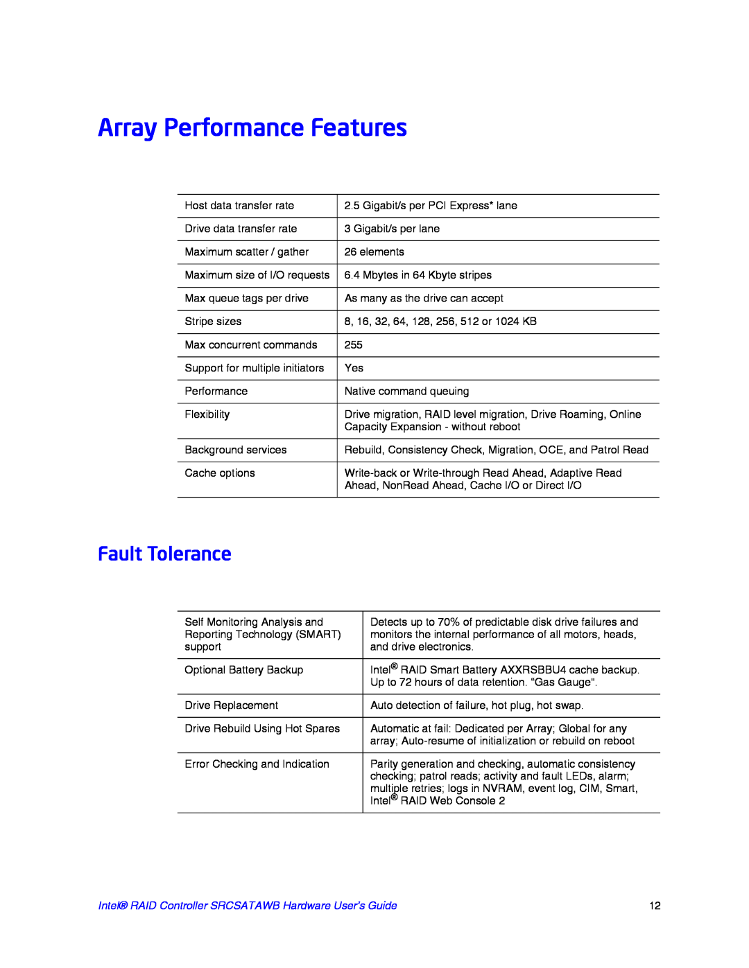 Intel SRCSATAWB manual Array Performance Features, Fault Tolerance 
