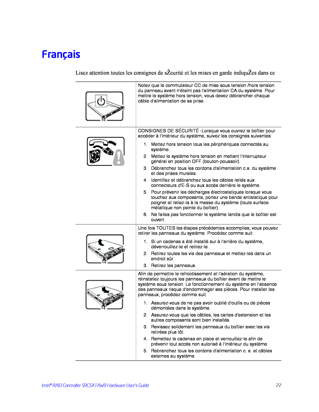 Intel SRCSATAWB manual Français 