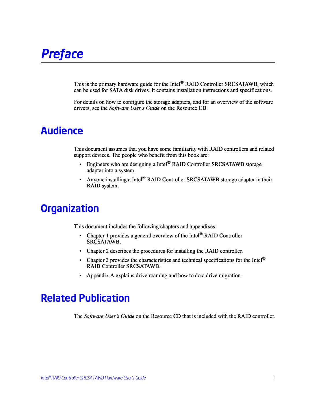 Intel SRCSATAWB manual Audience, Organization, Related Publication, Preface 