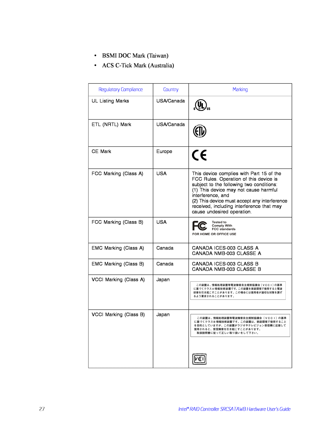 Intel SRCSATAWB manual •BSMI DOC Mark Taiwan •ACS C-TickMark Australia, Regulatory Compliance, Country, Marking 