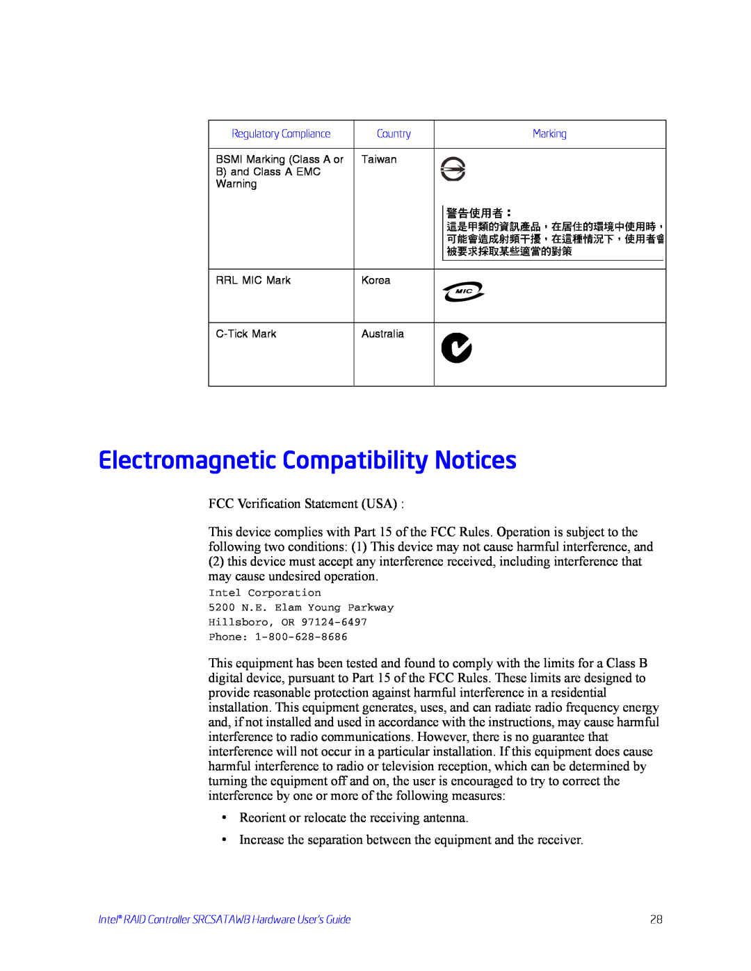 Intel SRCSATAWB manual Electromagnetic Compatibility Notices 