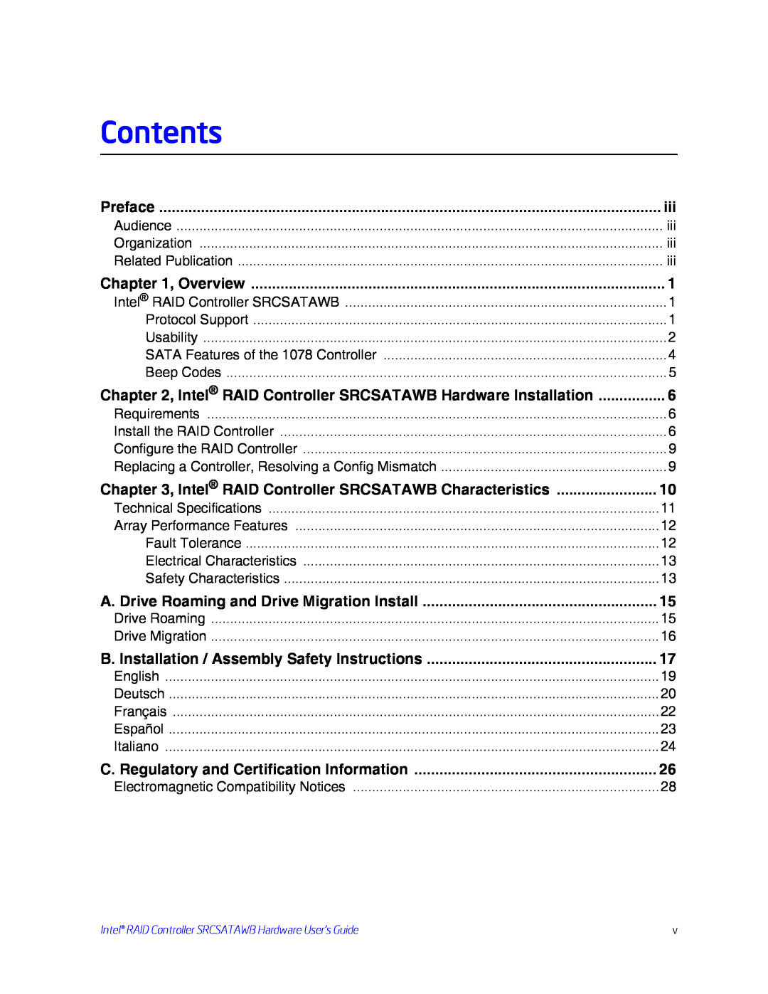 Intel SRCSATAWB manual Contents 