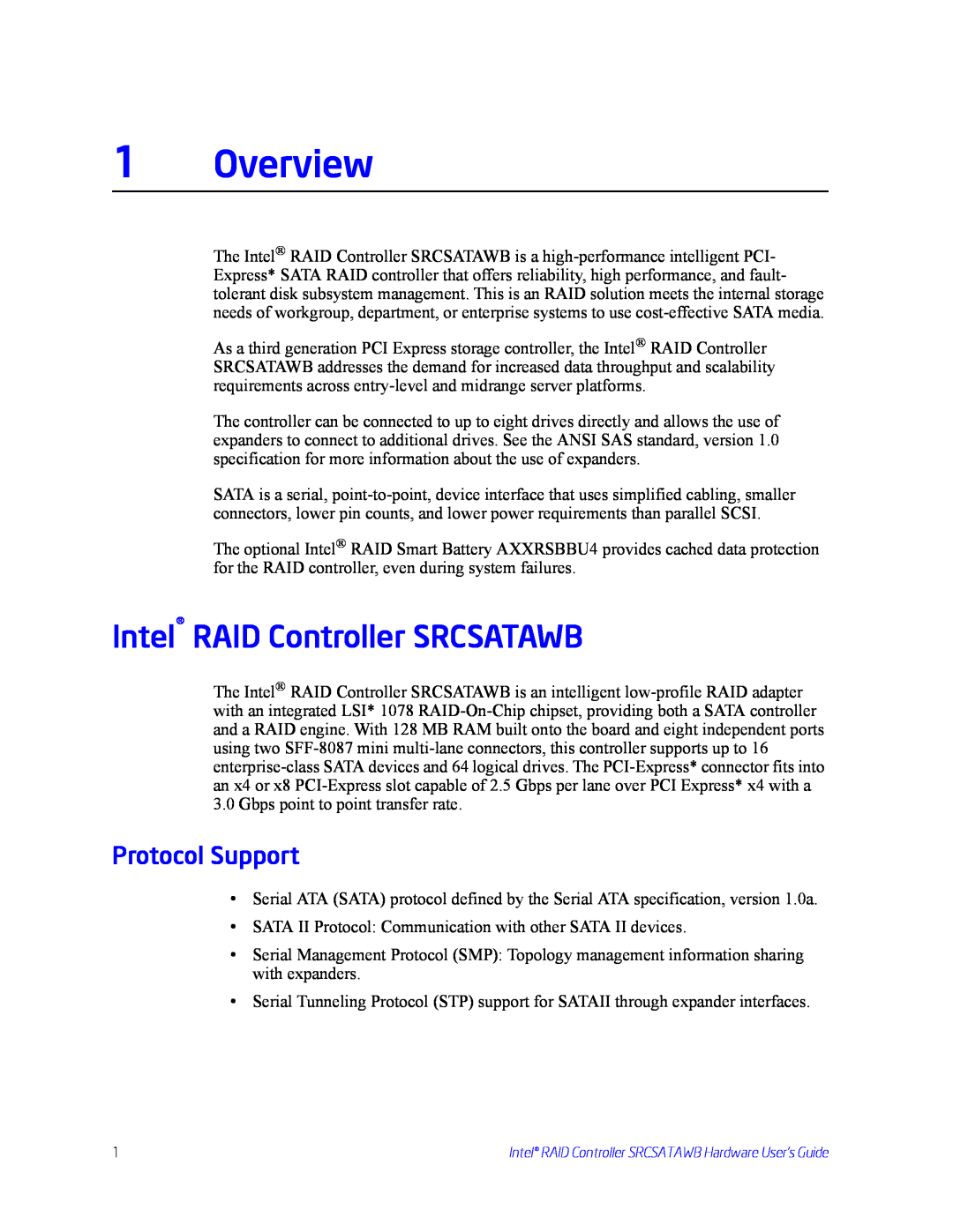 Intel manual 1Overview, Intel RAID Controller SRCSATAWB, Protocol Support 